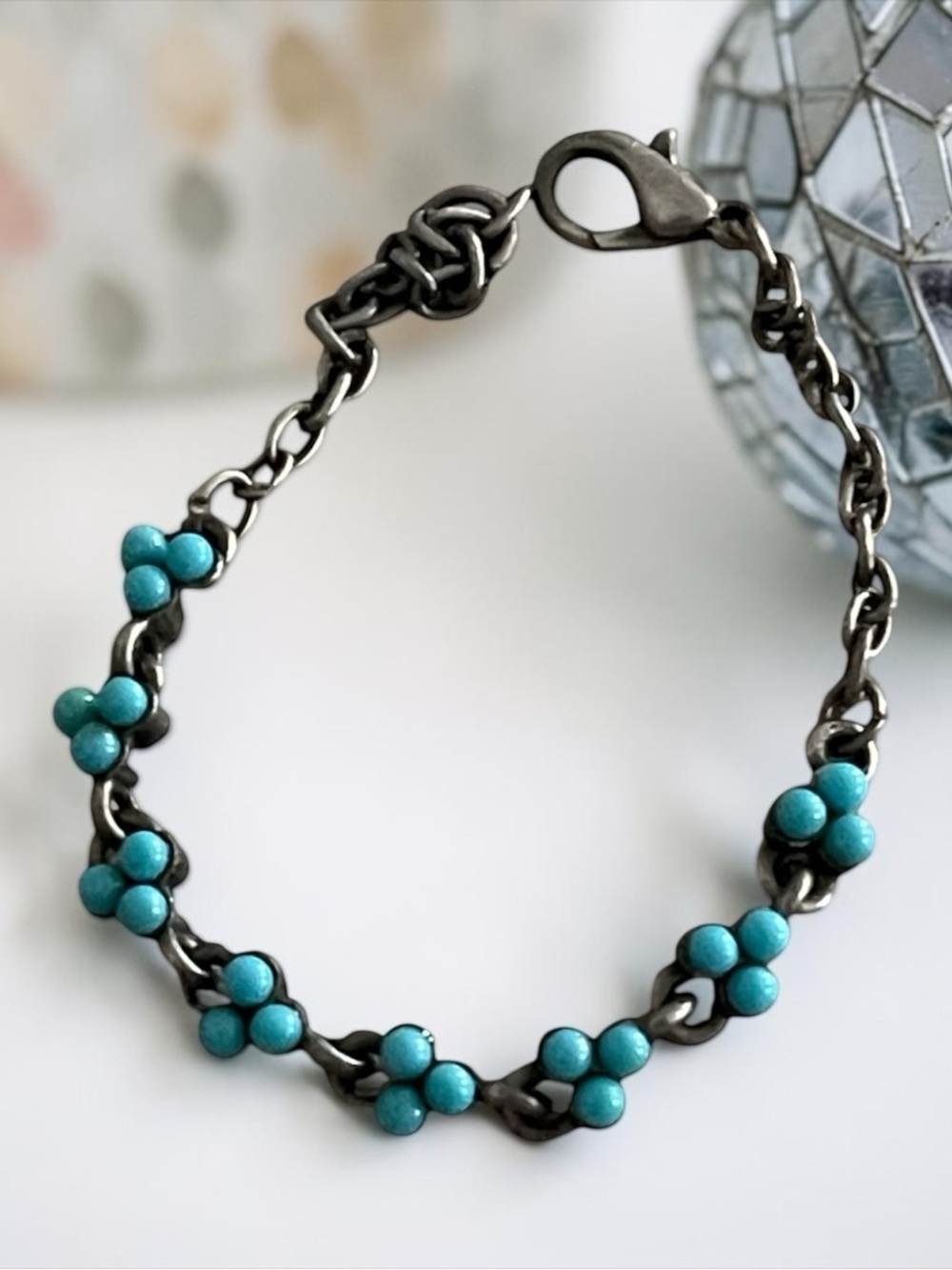 Turquoise Bead Floral Chain Bracelet - Women Jewelry - Picture 4 of 7